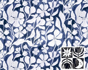Papel digital botánico con estampado floral sin costuras en gouache, fondo azul, descarga digital, uso comercial