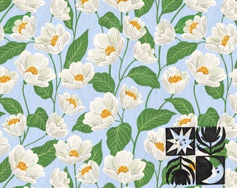 Patrón sin costuras de flores blancas sobre fondo azul, papel digital floral, descarga digital, uso comercial