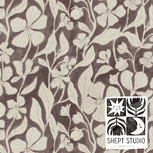 May include: A seamless pattern featuring white floral designs on a dark brown background. The pattern includes stylized flowers, leaves, and stems. The bottom right corner of the pattern includes a logo for "SHEPT STUDIO CREATIVE STORE" with a sun, moon, and plant illustrations.