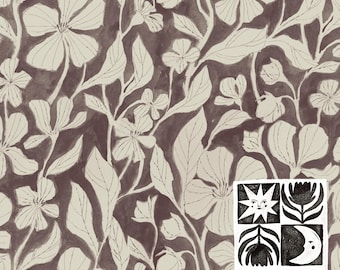 Papel digital botánico con estampado floral sin costuras en gouache, fondo marrón, descarga digital, uso comercial