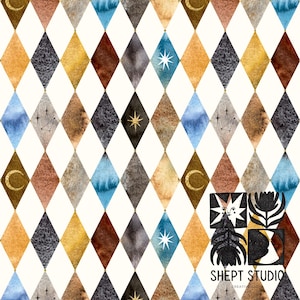 May include: A repeating pattern of colorful diamond shapes in shades of brown, gold, blue, and gray, with celestial accents like stars and moons. The design has a watercolor effect and a white background. The Shept Studio logo is in the bottom right corner.