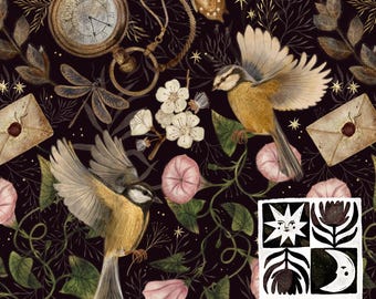 Papel digital "Jardín Secreto", patrón mágico sin costuras dibujado a mano, pájaro oscuro estilo cottagecore, descarga digital, uso comercial