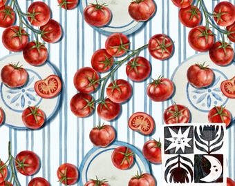 Patrón sin costuras de tomates sobre rayas azules y platos. Papel digital de acuarela de estilo cottagecore, estilo rústico. Descarga instantánea. Uso comercial.