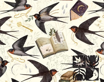 Patrón sin costuras de libro antiguo de golondrina, papel digital cottagecore y dark academia, pájaro mágico, naturaleza celestial, uso comercial