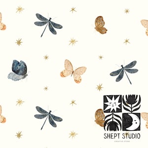 Schmetterling und Libelle Musterdesign, himmlische digitales Papier mit goldenen Sternen, wunderliche Insekt Printable, Instant Download