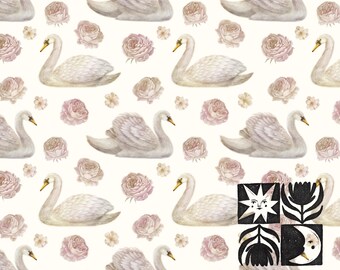 Patrón sin costuras de cisnes con rosas, delicado diseño floral vintage, elegantes cisnes blancos sobre fondo claro, descarga digital, uso comercial.