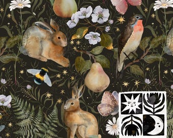 Patrón sin costuras de jardín mágico oscuro, papel digital de bosque, patrón sin costuras de acuarela cottagecore oscuro, descarga digital, uso comercial