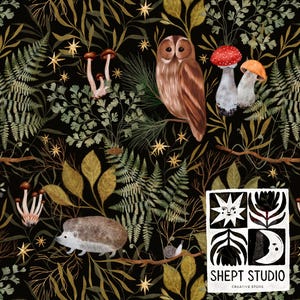 May include: A detailed illustration of woodland creatures including an owl, hedgehog, and snail, surrounded by ferns, mushrooms, and golden stars on a black backdrop. The image includes the text "SHEPT STUDIO CREATIVE STORE".