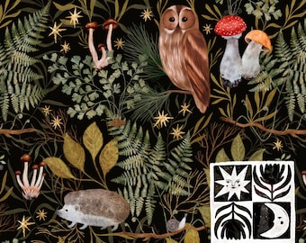 Patrón de bosque sin costuras, papel digital de estilo cottagecore oscuro con búho, hongos, erizo y helecho. Descarga digital para uso comercial.