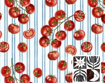 Patrón sin costuras de tomate sobre rayas azules. Papel digital de acuarela acogedor de estilo cottagecore. Descarga instantánea. Uso comercial.