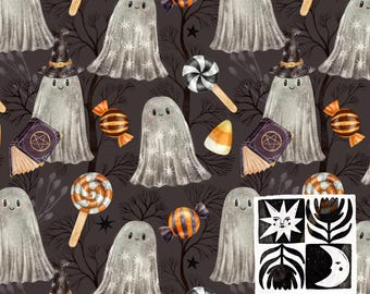 Patrón de fantasmas de Halloween sin costuras, fantasmas adorables, dulces, sombreros de bruja, papel digital, fondo oscuro espeluznante, descarga digital, uso comercial