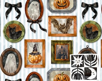 Patrón sin costuras de marcos espeluznantes para Halloween, fantasmas adorables, diseños espeluznantes, calabaza, gato de Halloween, descarga digital, uso comercial