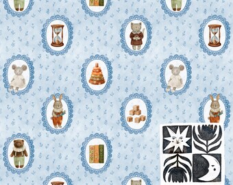 Patrón sin costuras para habitación infantil con flores azules, juguetes vintage en marcos ovalados, papel digital de acuarela para bebé, descarga instantánea, uso comercial.