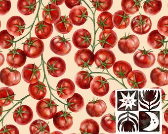 Patrón sin costuras de tomates en acuarela, tomates rojos en rama, fondo beige, papel digital rústico, descarga instantánea, uso comercial