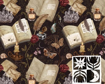 Patrón sin costuras de estilo Dark Academia con libros, cristales y rosas, diseño botánico vintage de inspiración mística, descarga digital, uso comercial.