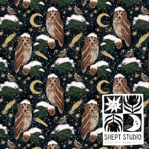 May include: A repeating pattern featuring owls, birds, pine branches, snow, crescent moons, and stars on a dark blue background. The owls are brown and white, and the moons and stars are gold. The image includes the text "SHEPT STUDIO CREATIVE STORE".