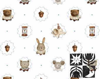 Patrón sin costuras para habitación infantil en tonos neutros, juguetes vintage, ositos, conejitos, papel digital estilo cottagecore en acuarela, descarga instantánea, uso comercial.