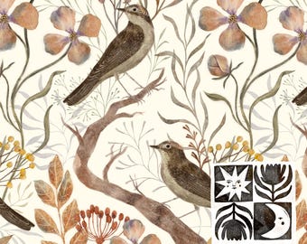 Fondo digital, pájaro en rama, acuarela, patrón sin costuras, descarga digital, uso comercial