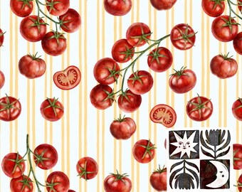 Patrón sin costuras de tomate sobre rayas amarillas, papel digital de acuarela acogedor de estilo cottagecore, estilo rústico, descarga instantánea, uso comercial