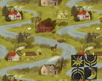 Patrón de pueblo sin costuras, papel digital cottagecore dibujado a mano, ilustración de un acogedor jardín de granja y cabaña, descarga digital, uso comercial