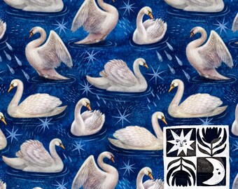 Patrón sin costuras de cisnes, fondo de lago estrellado nocturno, elegantes cisnes blancos, descarga digital, uso comercial.