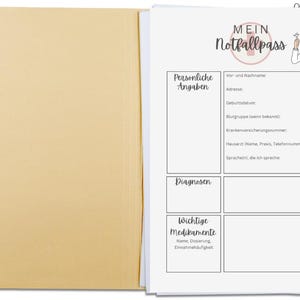 May include: A tan file folder with a white sheet inside. The sheet has the title "MEIN Notfallpass" and sections for personal information, diagnoses, and medications. A cartoon doctor is in the upper right corner.