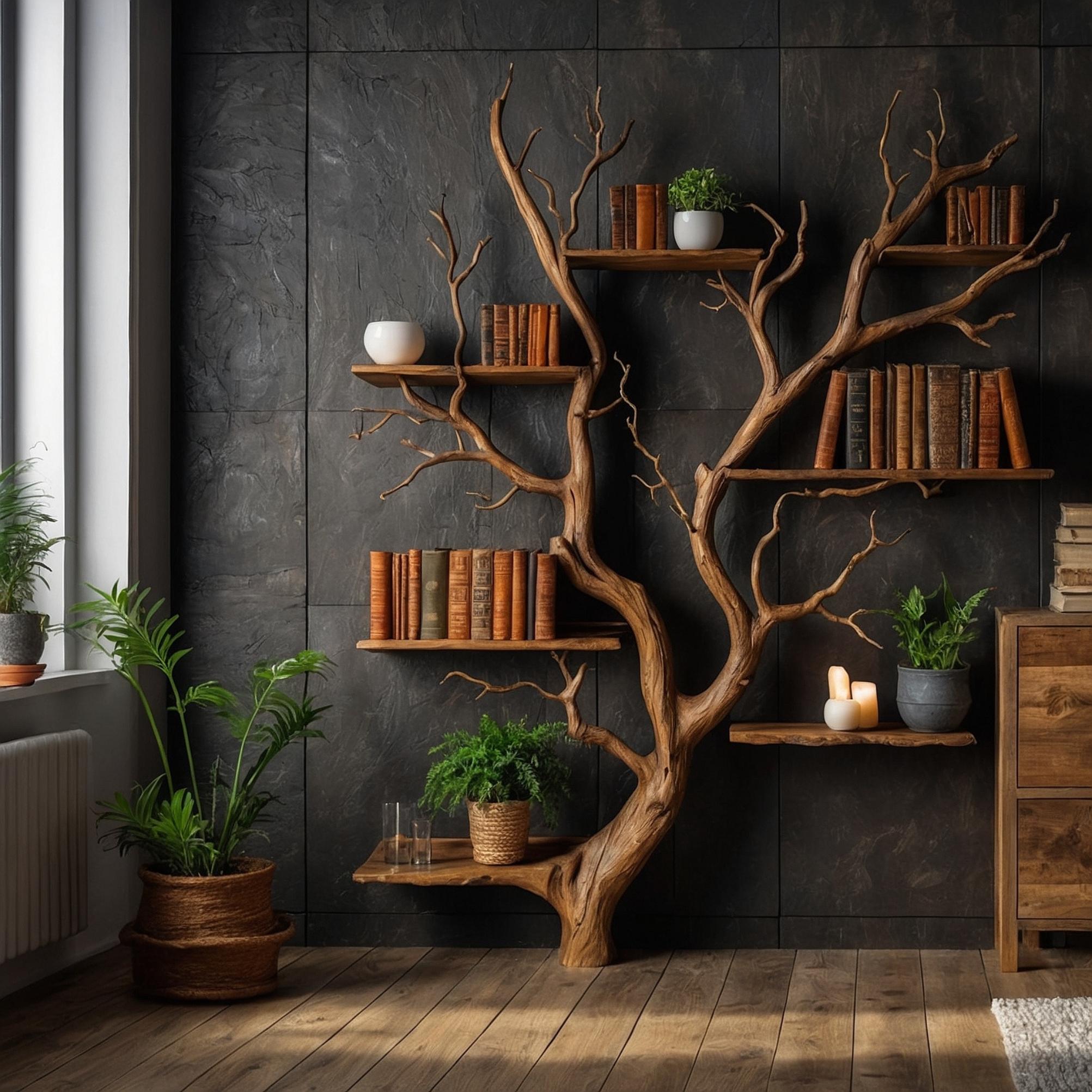 Tree Branch Bookshelf, Wall Mounted Wooden Bookcase, Rustic Tree Shelf for Living Room Decor, Wall Mount Bookcase Decor Housewarming Gifts
