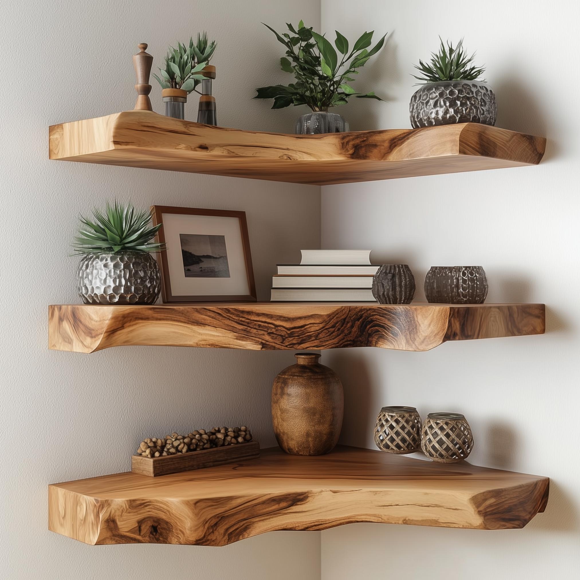 Rustic Corner Floating Shelf Set, Live Edge Wood Wall Shelves for Decor & Storage, Handmade Corner Shelving