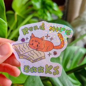 Sticker mignon "chat Read more Books" | Sticker holographique | Illustration mignonne | Cadeau pour amoureux des livres