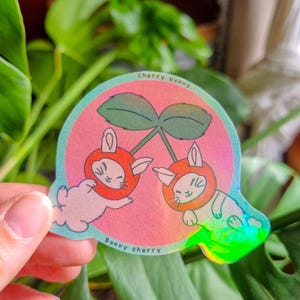 Sticker mignon "Lapin cerise" | Sticker Holographique | Illustration mignonne