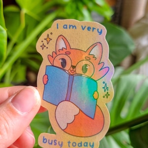 Sticker mignon "Renard qui lit" | Cadeau amoureux des livres | Sticker Holographique | Illustration mignonne