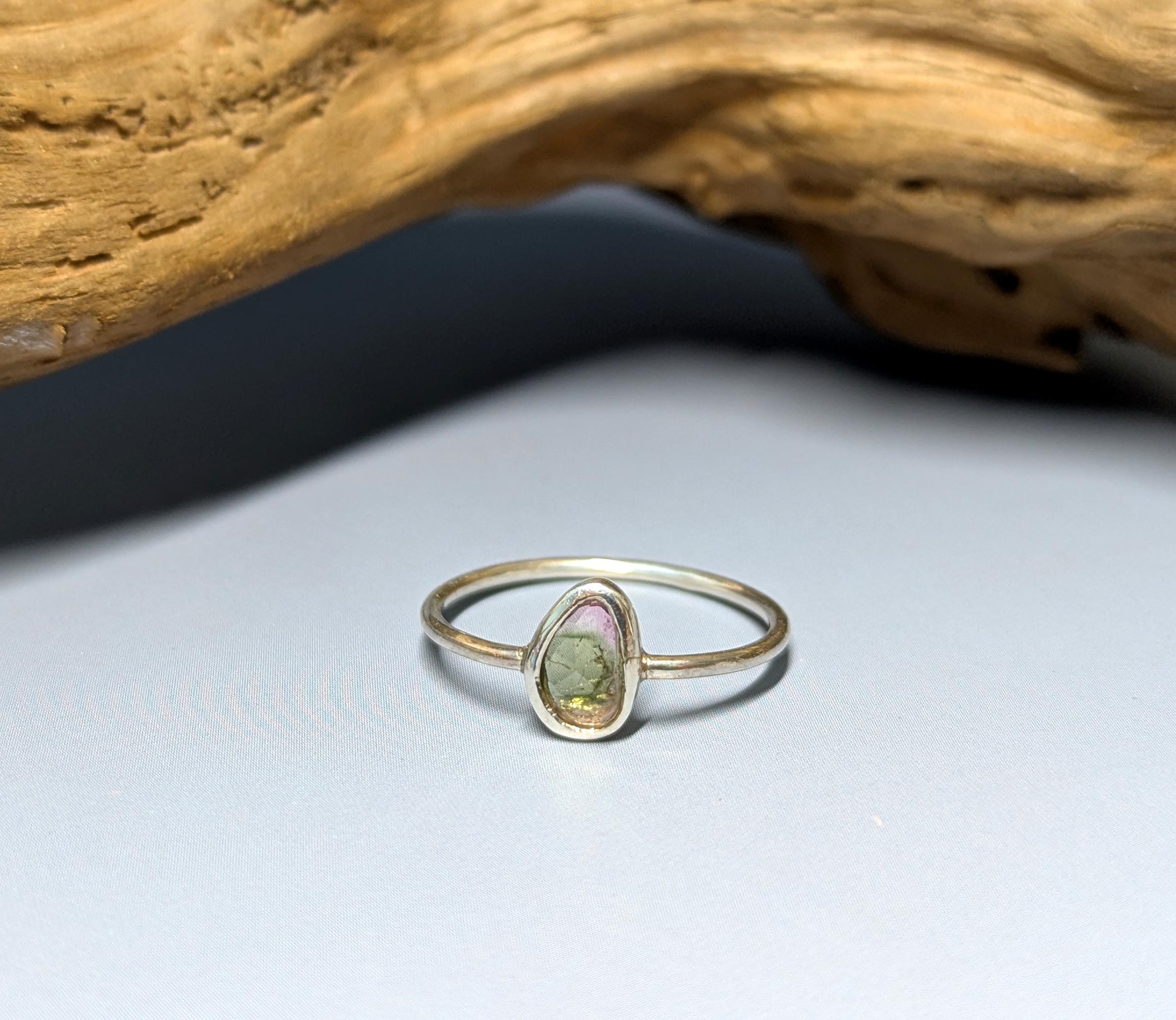 Bague En Argent Avec Tourmaline Bicolore - Taille 60-61 - 54x12 Mm - Neuf Sans Emballage