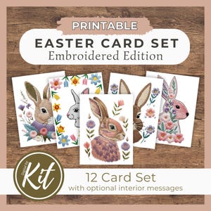 Printable Easter Bunny Cards –Embroidered Style | Set of 12 Cute Bunny Cards + 20 Interior Sayings | DIY Easter Stationery for Kids & Adults