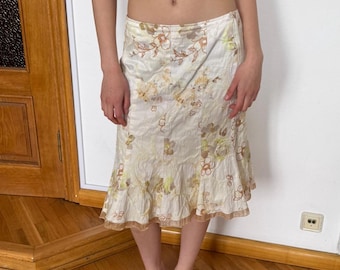 Vintage Floral Satin Midi Rock - Y2K Schrägschnitt Creme Beige Größe S