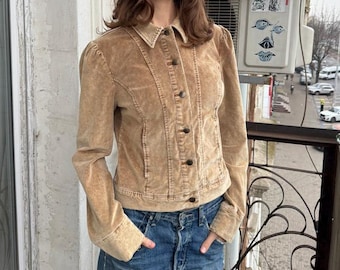 Vintage Beige Corduroy Jacket Women Fitted Cotton Velvet Jacket 90s Minimal Tailored Jacket French Style Size M