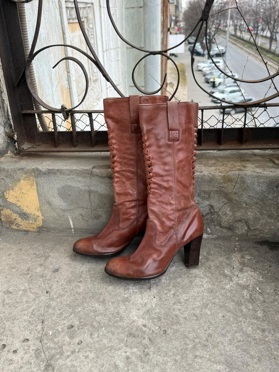 Vintage Vagabond Brown Leather Knee High Boots | Y2K Lace up Back Block ...