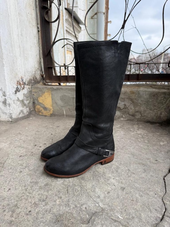 Vintage UGG Black Leather Riding Boots | Knee High Moto Style