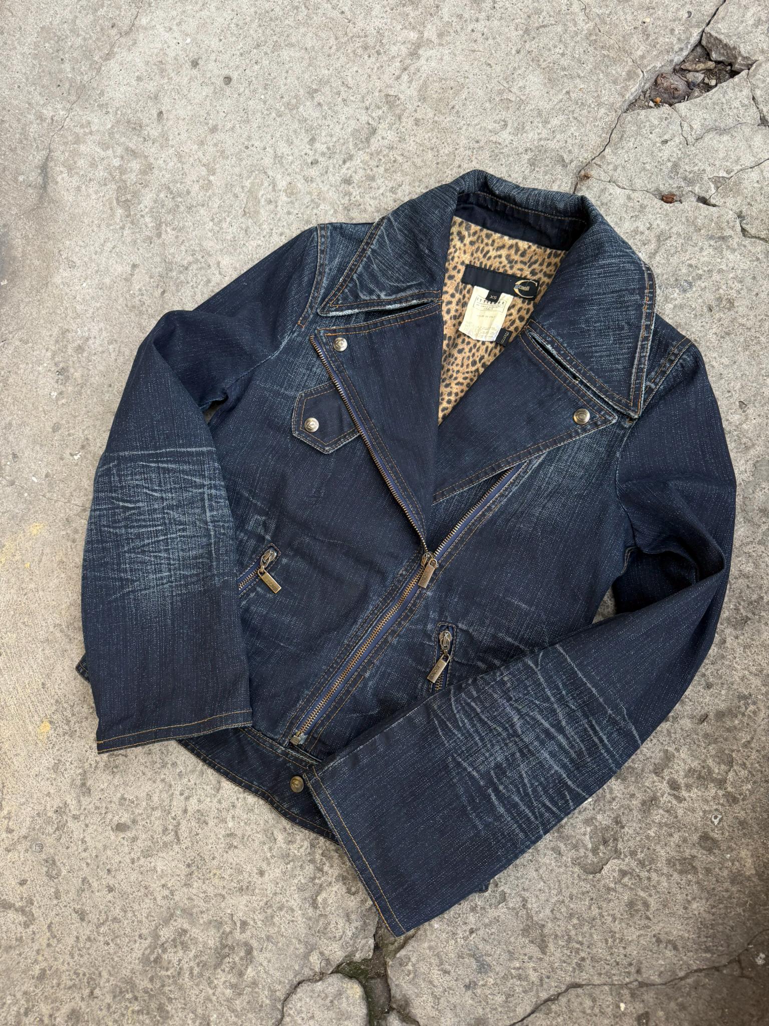Just Cavalli Denim Moto Jacket • Leopard Lined Y2K Biker Style XS