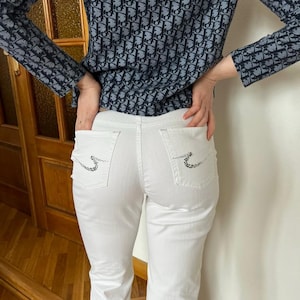 Vintage White Cambio Jeans with Rhinestone Pockets Y2K Straight Fit Pants Size S