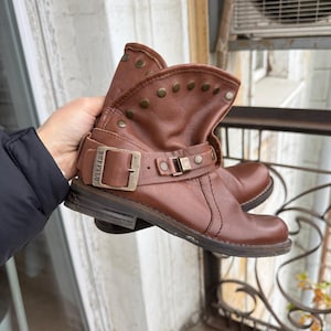 Vintage Buffalo Biker Boots Real Leather Brown Moto Ankle Boots EU 36
