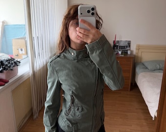 Vintage Olive Green Moto Jacket | Asymmetrical Zip Cropped Military Style