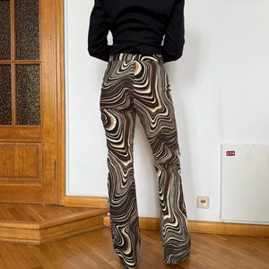 Y2K Swirl Print Flare Pants | Brown Psychedelic Wide Leg Trousers