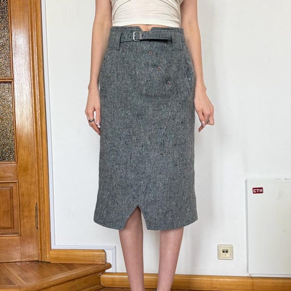 Vintage Wool Midi Skirt | High Waist Belted Pencil Skirt XS S