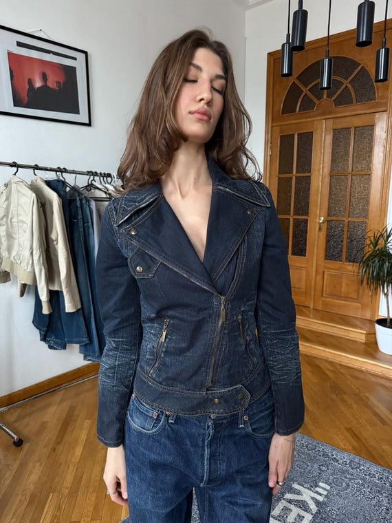 Just Cavalli Denim Moto Jacket • Leopard Lined Y2K Biker Style XS