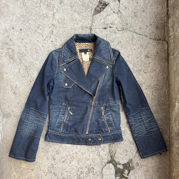 Just Cavalli Denim Moto Jacket • Leopard Lined Y2K Biker Style XS