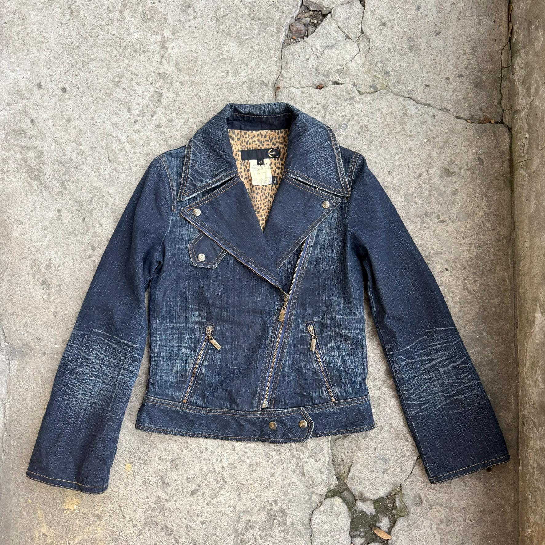Just Cavalli Denim Moto Jacket • Leopard Lined Y2K Biker Style XS