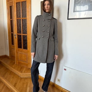 Vintage High Neck Grey Military Wool Coat | Double Breasted Tailored Army Style M
