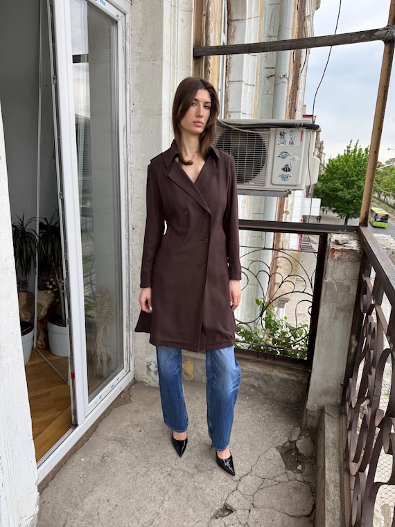 Lee, Vintage Brown Lee Cooper Blazer Coat Dress: Fitted Tailored Viscose Blend Silk Wool