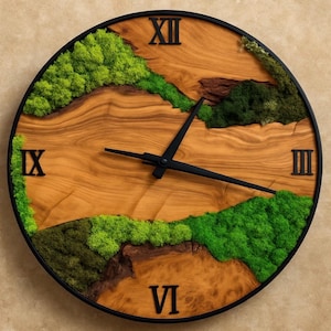 Round clock with preserved moss and real wood, 40 cm diameter, wall clock, mural, moss picture, personalized gift