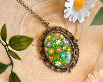Hand Painted Wildflower Pendant Necklace | Vintage Bronze Floral Art